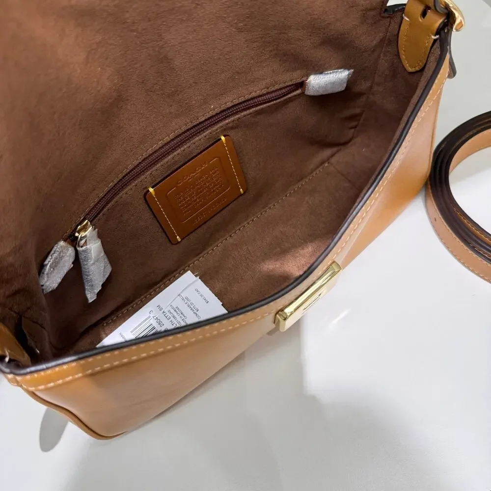 NEW‼️Coach Etta Small Flap Shoulder Bag CCV63  smooth leather/Gold/Brown
